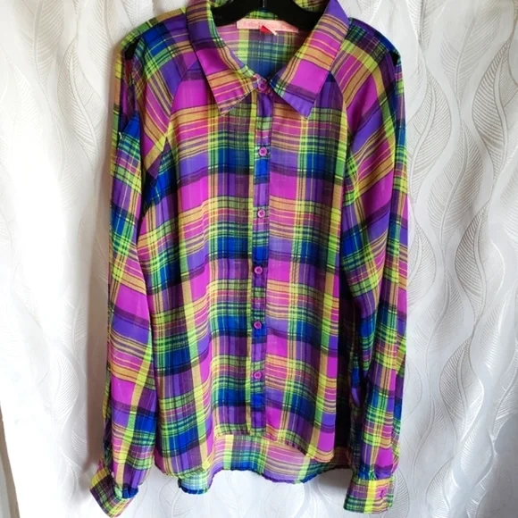Sheer Vibrant Plaid Open Long Sleeve Cold-Shoulder Button Down - Picture 2 of 8